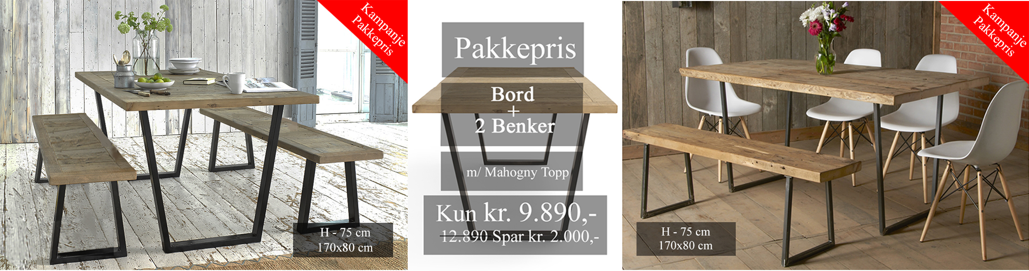 ArtSteel Pakkepris Bord + 2 Benker m/ Mahogny Topp